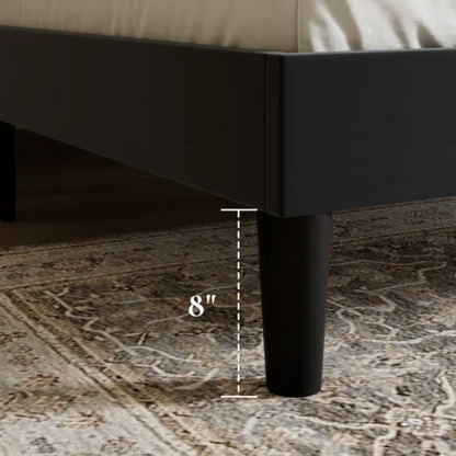 Black velvet queen-size upholstered bed with tufted wingback headboard, 8-inch clearance, and solid wood frame.

