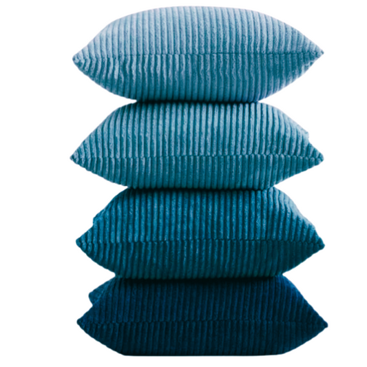 Set of 4 blue, aqua, and turquoise striped corduroy pillow covers – 18x18 decorative cushion covers with gradient design and hidden zippers for coastal or boho home decor.