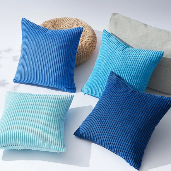 Set of 4 blue, aqua, and turquoise striped corduroy pillow covers – 18x18 decorative cushion covers with gradient design and hidden zippers for coastal or boho home decor.