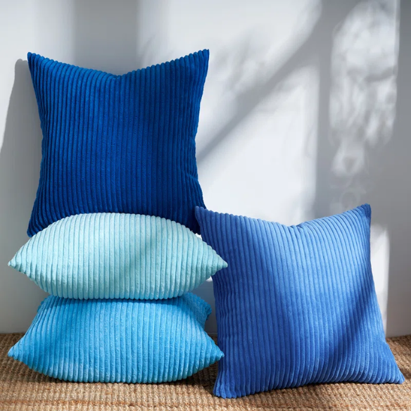 Set of 4 blue, aqua, and turquoise striped corduroy pillow covers – 18x18 decorative cushion covers with gradient design and hidden zippers for coastal or boho home decor.