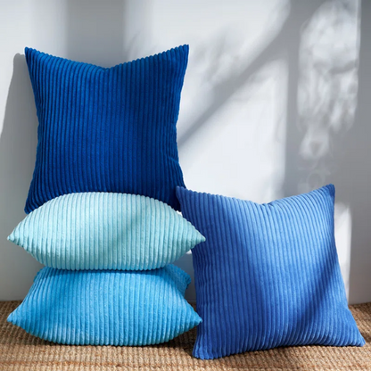 Set of 4 blue, aqua, and turquoise striped corduroy pillow covers – 18x18 decorative cushion covers with gradient design and hidden zippers for coastal or boho home decor.