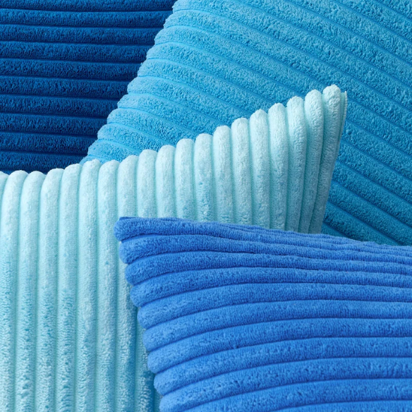Set of 4 blue, aqua, and turquoise striped corduroy pillow covers – 18x18 decorative cushion covers with gradient design and hidden zippers for coastal or boho home decor.