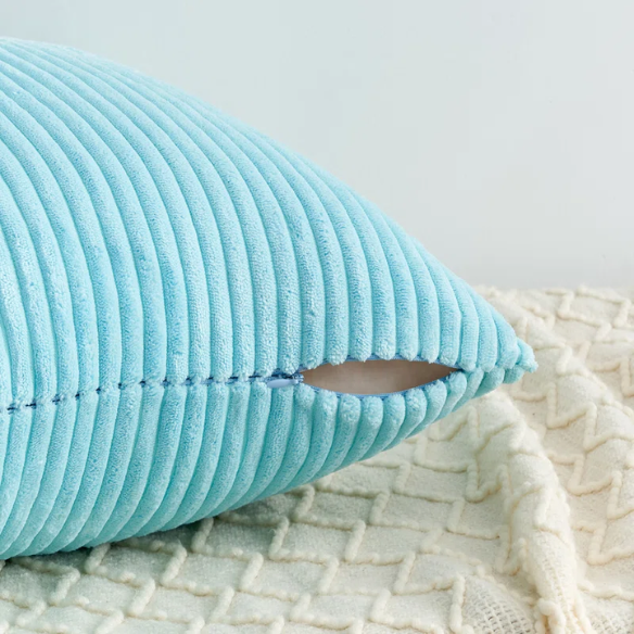 Set of 4 blue, aqua, and turquoise striped corduroy pillow covers – 18x18 decorative cushion covers with gradient design and hidden zippers for coastal or boho home decor.
