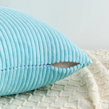Set of 4 blue, aqua, and turquoise striped corduroy pillow covers – 18x18 decorative cushion covers with gradient design and hidden zippers for coastal or boho home decor.