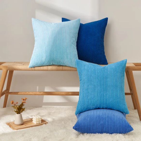 Set of 4 blue, aqua, and turquoise striped corduroy pillow covers – 18x18 decorative cushion covers with gradient design and hidden zippers for coastal or boho home decor.