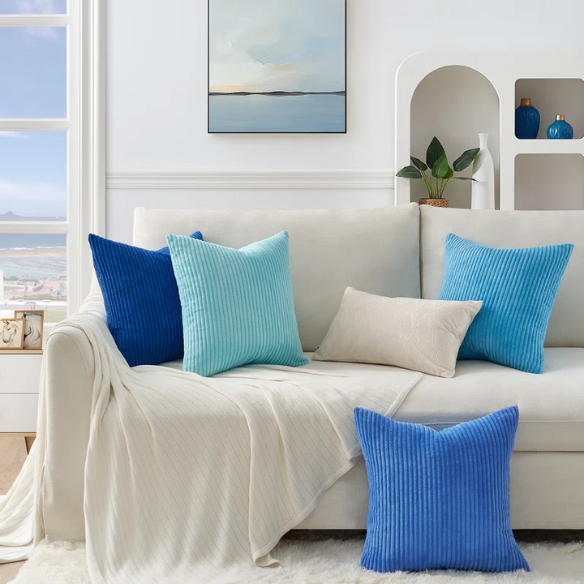 Set of 4 blue, aqua, and turquoise striped corduroy pillow covers – 18x18 decorative cushion covers with gradient design and hidden zippers for coastal or boho home decor.