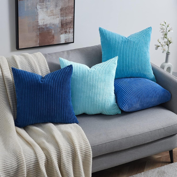 Set of 4 blue, aqua, and turquoise striped corduroy pillow covers – 18x18 decorative cushion covers with gradient design and hidden zippers for coastal or boho home decor.