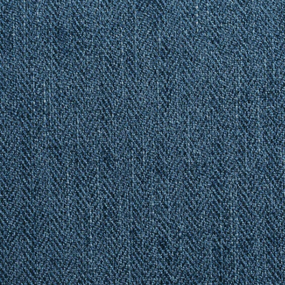 Blue denim upholstered Parsons chair with scrolled back, antique bronze nailhead trim, and solid wood legs