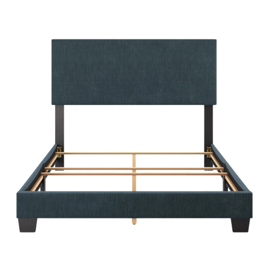 Full-size blue upholstered bed with polyester fabric, tall foam-padded rectangular headboard, and modern clean-line design.


