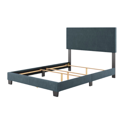 Full-size blue upholstered bed with polyester fabric, tall foam-padded rectangular headboard, and modern clean-line design.

