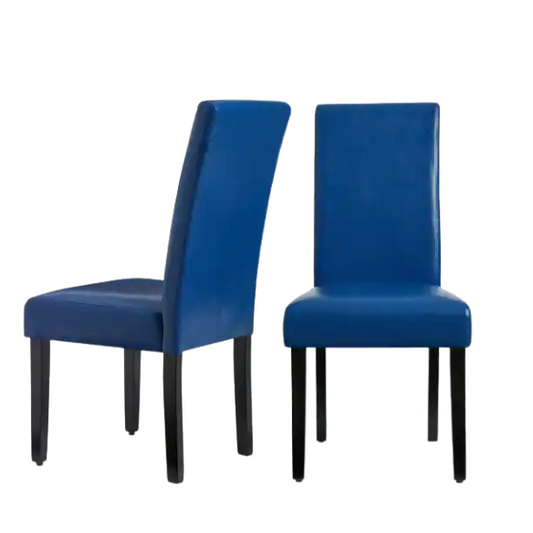 Set of 2 blue PU leather Parsons dining chairs featuring cushioned seats and solid wood legs, perfect for modern kitchens and dining rooms.

