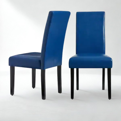 Set of 2 blue PU leather Parsons dining chairs featuring cushioned seats and solid wood legs, perfect for modern kitchens and dining rooms.

