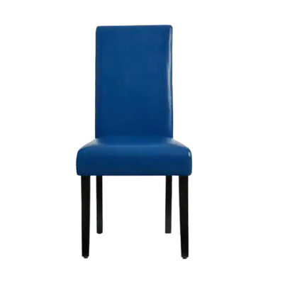 Set of 2 blue PU leather Parsons dining chairs featuring cushioned seats and solid wood legs, perfect for modern kitchens and dining rooms.

