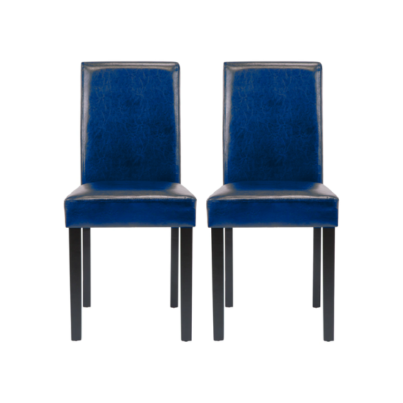 Set of 2 blue PU leather Parsons dining chairs featuring cushioned seats and solid wood legs, perfect for modern kitchens and dining rooms.


