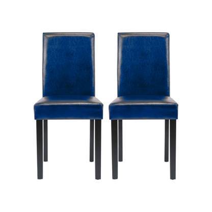 Set of 2 blue PU leather Parsons dining chairs featuring cushioned seats and solid wood legs, perfect for modern kitchens and dining rooms.

