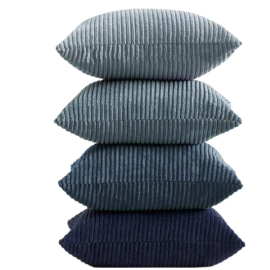 Set of 4 blue striped corduroy pillow covers with gradient design, invisible zippers, and soft texture – decorative 18x18 square cushion covers for boho, farmhouse, or modern home decor.