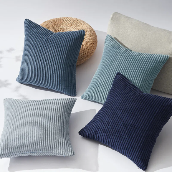 Set of 4 blue striped corduroy pillow covers with gradient design, invisible zippers, and soft texture – decorative 18x18 square cushion covers for boho, farmhouse, or modern home decor.