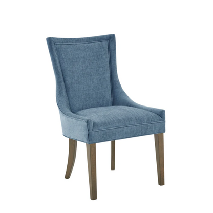 Set of 2 upholstered armless dining chairs in rich blue chenille with solid wood legs, high backs, and piped detailing.

