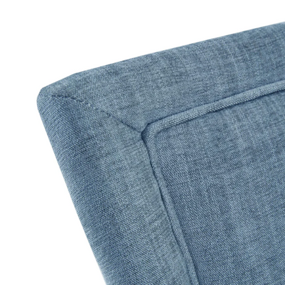 Set of 2 upholstered armless dining chairs in rich blue chenille with solid wood legs, high backs, and piped detailing.

