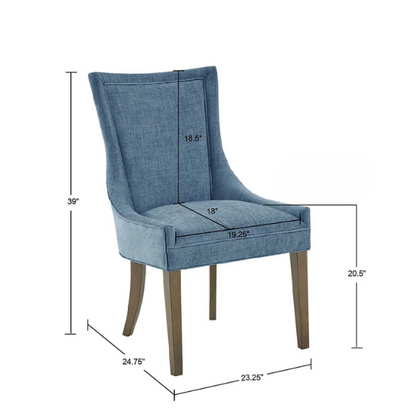 Set of 2 upholstered armless dining chairs in rich blue chenille with solid wood legs, high backs, and piped detailing.

