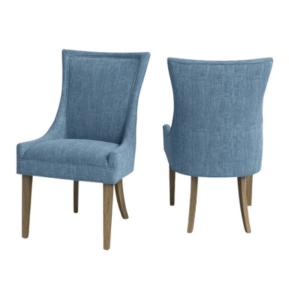 Set of 2 upholstered armless dining chairs in rich blue chenille with solid wood legs, high backs, and piped detailing.

