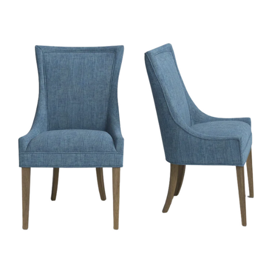 Set of 2 upholstered armless dining chairs in rich blue chenille with solid wood legs, high backs, and piped detailing.

