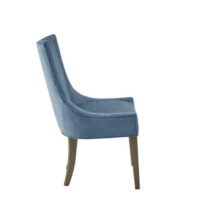 Set of 2 upholstered armless dining chairs in rich blue chenille with solid wood legs, high backs, and piped detailing.

