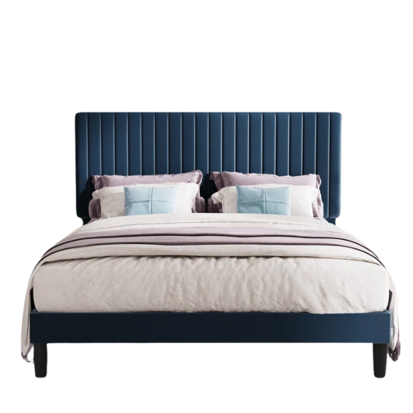 Blue velvet upholstered queen bed with tufted rectangular headboard and low-profile frame.

