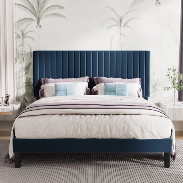 Blue velvet upholstered queen bed with tufted rectangular headboard and low-profile frame.

