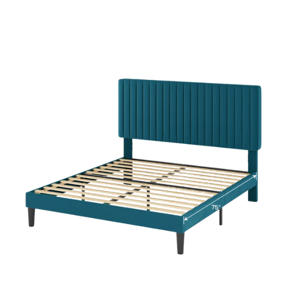 Blue velvet upholstered queen bed with tufted rectangular headboard and low-profile frame.

