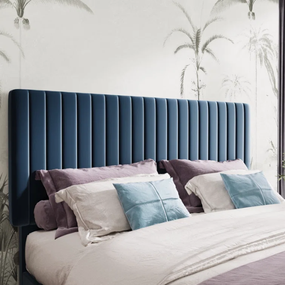 Blue velvet upholstered queen bed with tufted rectangular headboard and low-profile frame.

