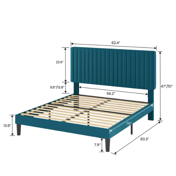 Blue velvet upholstered queen bed with tufted rectangular headboard and low-profile frame.

