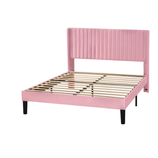 Blush pink velvet queen bed with tufted wingback headboard, 8-inch underbed clearance, and solid wood frame.

