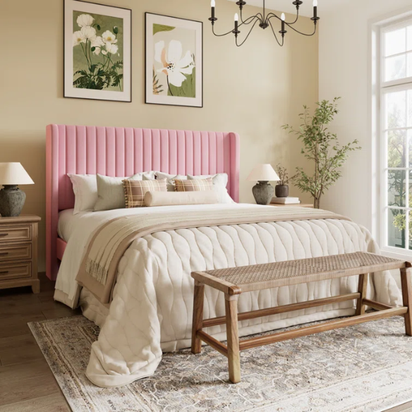Blush pink velvet queen bed with tufted wingback headboard, 8-inch underbed clearance, and solid wood frame.

