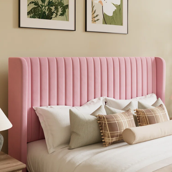 Blush pink velvet queen bed with tufted wingback headboard, 8-inch underbed clearance, and solid wood frame.

