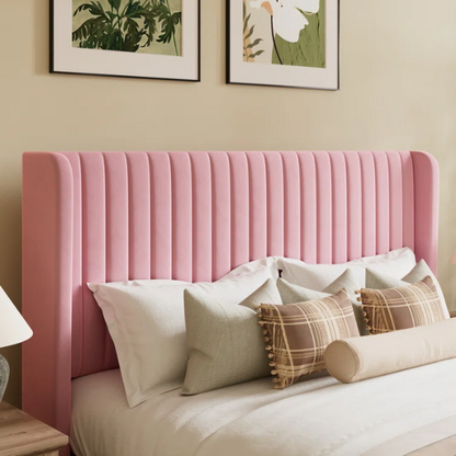Blush pink velvet queen bed with tufted wingback headboard, 8-inch underbed clearance, and solid wood frame.

