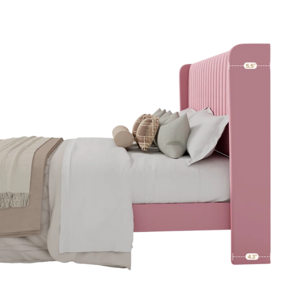 Blush pink velvet queen bed with tufted wingback headboard, 8-inch underbed clearance, and solid wood frame.

