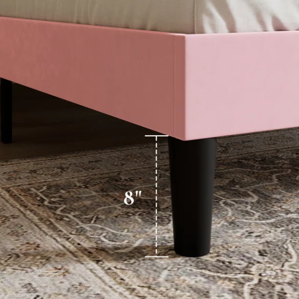Blush pink velvet queen bed with tufted wingback headboard, 8-inch underbed clearance, and solid wood frame.

