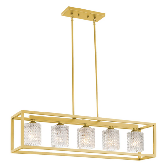 Modern brass gold rectangular chandelier with rippled glass crystal shades and adjustable height for kitchen islands or dining rooms

