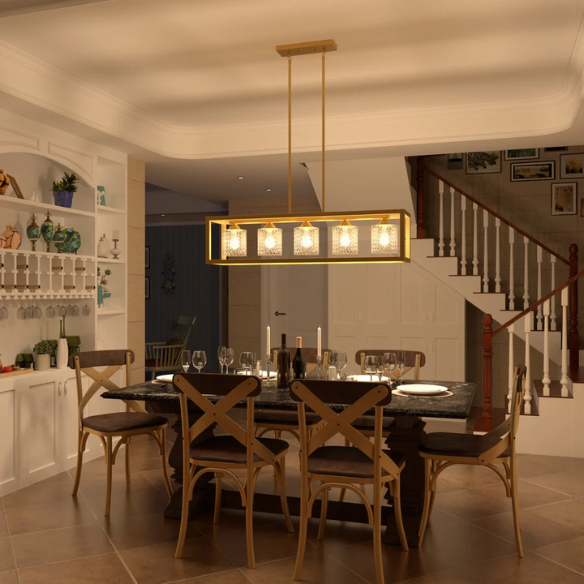 Modern brass gold rectangular chandelier with rippled glass crystal shades and adjustable height for kitchen islands or dining rooms


