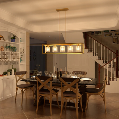 Modern brass gold rectangular chandelier with rippled glass crystal shades and adjustable height for kitchen islands or dining rooms

