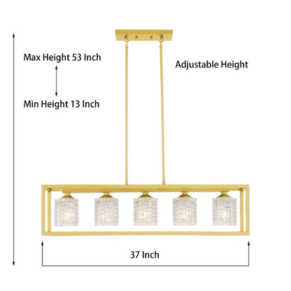 Modern brass gold rectangular chandelier with rippled glass crystal shades and adjustable height for kitchen islands or dining rooms

