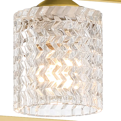 Modern brass gold rectangular chandelier with rippled glass crystal shades and adjustable height for kitchen islands or dining rooms

