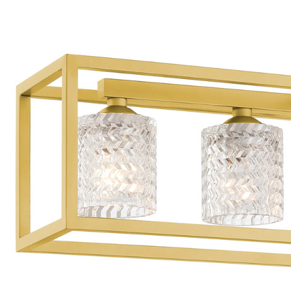 Modern brass gold rectangular chandelier with rippled glass crystal shades and adjustable height for kitchen islands or dining rooms

