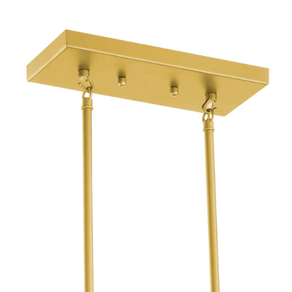 Modern brass gold rectangular chandelier with rippled glass crystal shades and adjustable height for kitchen islands or dining rooms

