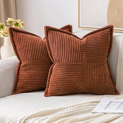 Brown corduroy pillow cover with geometric striped pattern, modern design, eco-friendly, 45x45 cm, machine washable