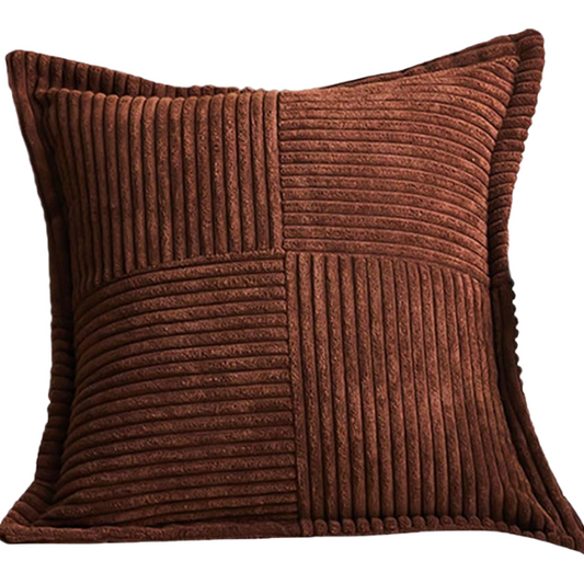 Brown corduroy pillow cover with geometric striped pattern, modern design, eco-friendly, 45x45 cm, machine washable