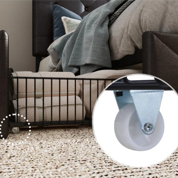 Brown faux leather queen bed with diamond-tufted headboard and four underbed storage drawers on wheels.

