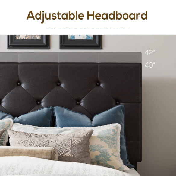 Brown faux leather queen bed with diamond-tufted headboard and four underbed storage drawers on wheels.

