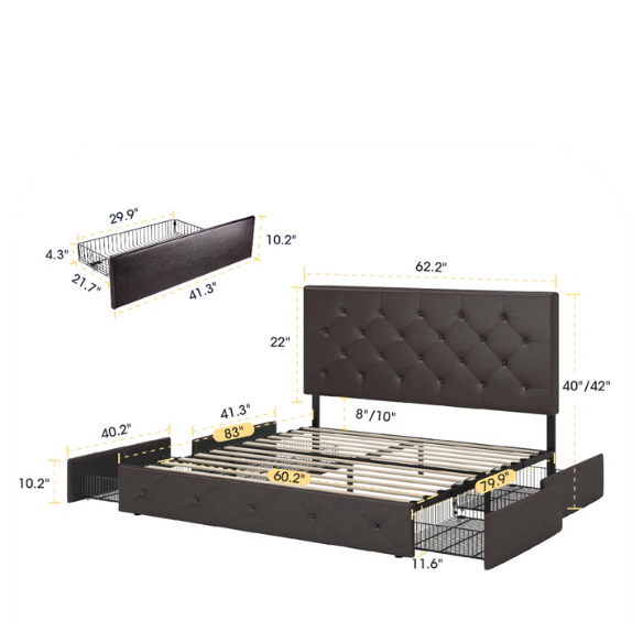 Brown faux leather queen bed with diamond-tufted headboard and four underbed storage drawers on wheels.


